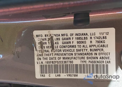 2012 Honda Civic Lx z USA, uszkodzony, nr VIN 19XFB2F52CE387780